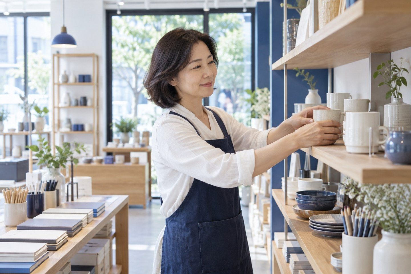 매장 계산대에서 업무를 보는 여성 — 온라인 PG 수수료 비교 쇼핑몰쇼핑몰, 몰은 그대로 둡니다. 연락 주시면 결제창만 새로 이어 드립니다.